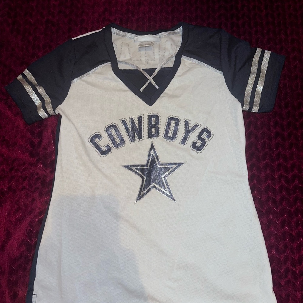 NFL Cowboys Women's Navy and White V-Neck Jersey